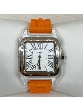Geneva watch 35mm clear case silver tone quartz analog orange silicone running
